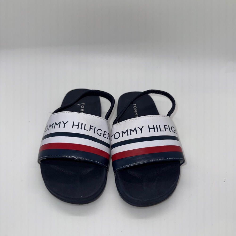 Tommy Hilfiger Toddler Boys Navy Blue White Red Stripe Logo Slide Sandals Size 9